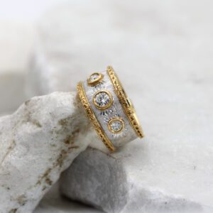 White and Yellow Gold Ring with 3 Natural Diamonds and Satin-Finish Band