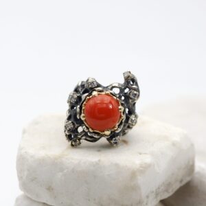 "Mars Collection" Silver ring with a gold bezel, adorned with Coral and Diamonds