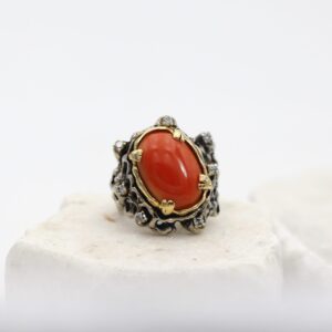 "Mars Collection" Silver ring with gold bezel, featuring Coral and Grey Diamonds