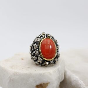 "Mars Collection" Silver ring with gold setting, Coral and Diamonds