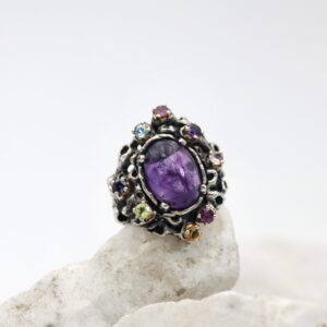 Silver and Gold Ring with Amethyst and Colored Gemstones – Mars Collection