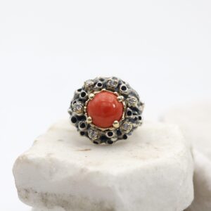 "Mars Collection" Silver ring with gold bezel featuring Coral and Diamonds