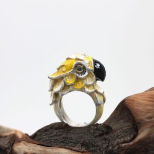 Silver and Gold Ring with Yellow Enameled Parrot and Blue Diamonds
