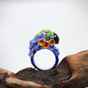 Silver and Gold Ring with Enameled Parrot and Blue Diamonds