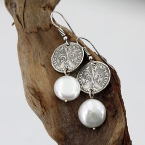 Silver earrings with Florin Coin and Freshwater Pearl