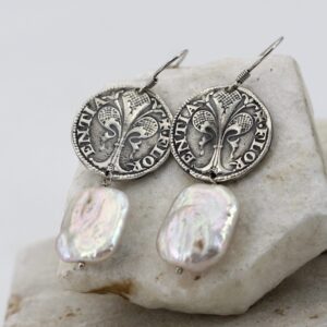 Handcrafted silver earrings with Florin coin and square-cut pearl