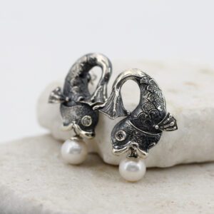 Silver Fish Earrings with Pearls and Grey Diamonds