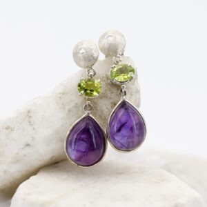 Silver earrings with Peridot and teardrop Amethyst