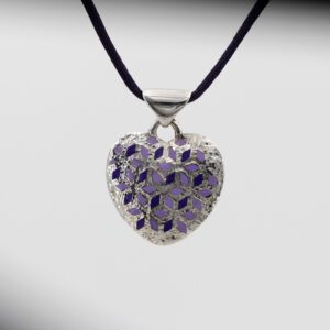 Silver Heart Pendant with Purple Enamel and Diamond Pattern