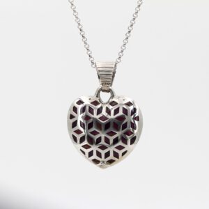 Silver Heart Pendant with Diamond-Shaped Motifs and Bordeaux Enamel