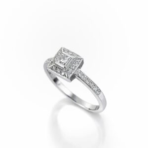 White Gold Ring with Princess-Cut Diamond and Diamonds on the Band