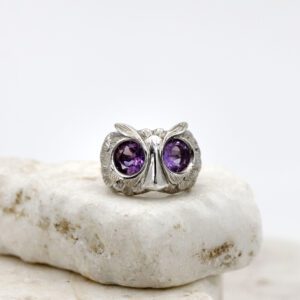 Owl Ring in Silver with Amethyst