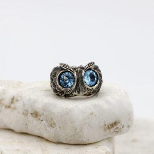 Owl Ring in Silver with Blue Topaz