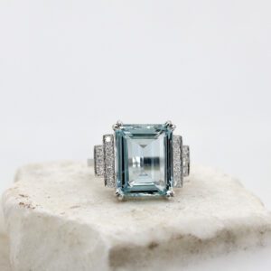 Octagonal-Cut Aquamarine and Diamond Ring in White Gold