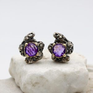 Silver and Gold Earrings with Amethyst and Diamonds – Mars Collection