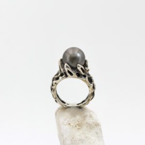 Gold and Silver Ring with Tahitian Pearl and 2 Natural Diamonds