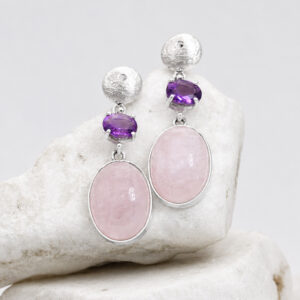 Silver earrings with oval Morganite and Amethyst