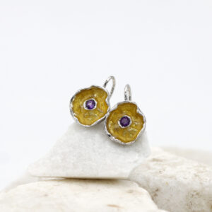Earrings – Winter Flower – in 925 Sterling Silver with Amethyst and Yellow Enamel