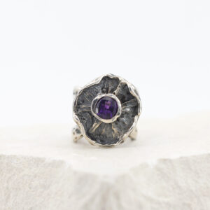 Winter Flower Ring – Sterling Silver with Amethyst and Crossed Band