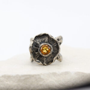 Winter Flower Ring – Sterling Silver with Citrine Quartz and Crossed Band