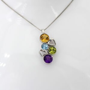 Silver Heart Pendant with Natural Gemstones – Topaz, Citrine Quartz, Peridot, and Amethyst